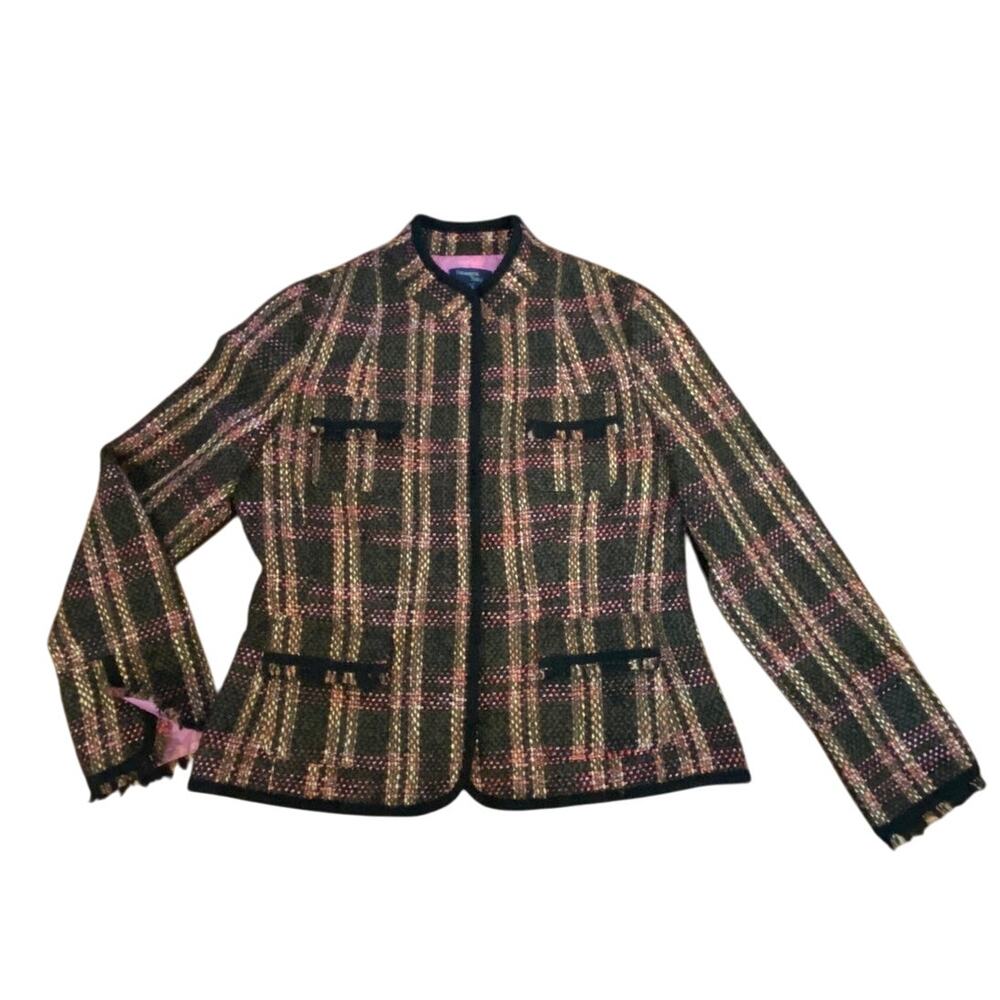 VINTAGE Womens Size 12 Plaid Tweed Blazer Top Fringe Tartan Fundamental Things